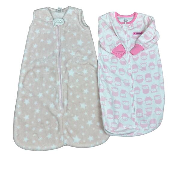 Baby Infant Girls Plush Wearable PJ Sleep Sack Pink/White 2 Piece Bundle 0-9M - Picture 1 of 6
